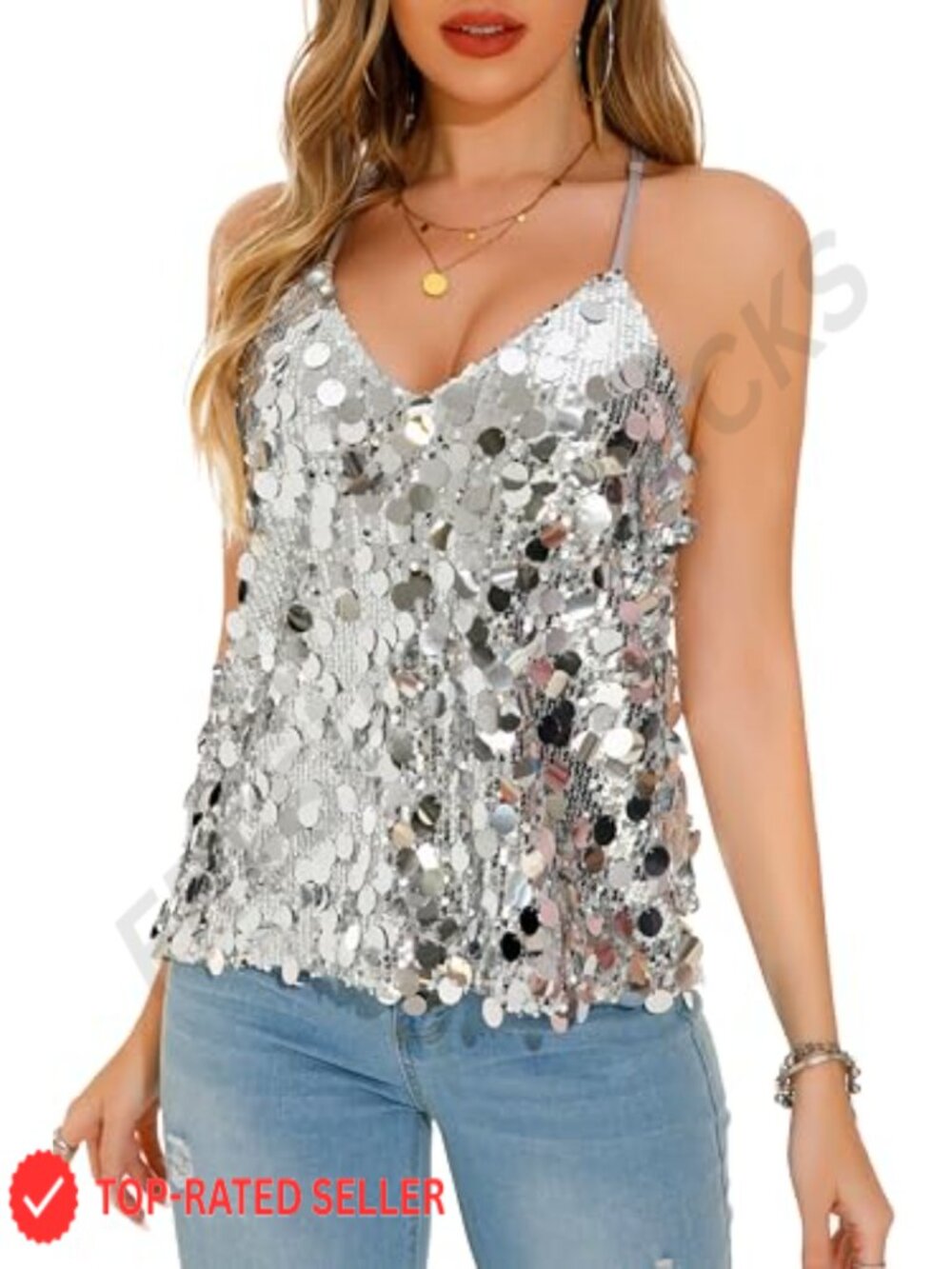 Sequin V Neck Strappy Tank Top Adjustable Stretch Party Club Concert